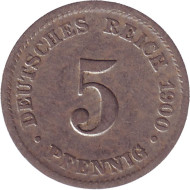 Монета 5 пфеннигов. 1900 год (D), Германская империя. Монета 5 пфеннигов. 1900 год (D), Германская империя.