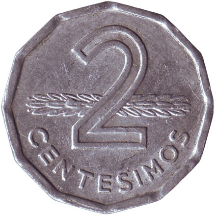 Монета 2 сентесимо. 1977 год, Уругвай.
