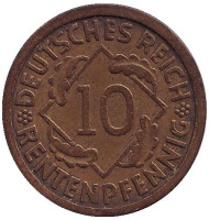 Монета 10 рентенпфеннигов. 1924 (J) год, Веймарская республика. Монета 10 рентенпфеннигов. 1924 (J) год, Веймарская республика.