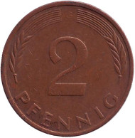 Монета 2 пфеннига. 1974 год (G), ФРГ. Дубовые листья. Монета 2 пфеннига. 1974 год (G), ФРГ. Дубовые листья.