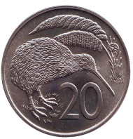 Монета 20 центов. 1972 год, Новая Зеландия. Киви (птица). Монета 20 центов. 1972 год, Новая Зеландия. Киви (птица).
