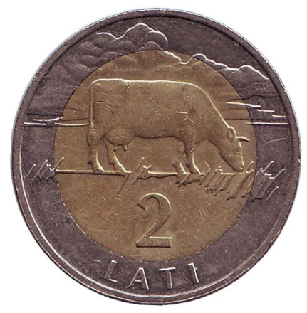 Монета 2 лата, 2009 год, Латвия. Из обращения. Корова.