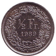 Монета 1/2 франка. 1989 год, Швейцария. Монета 1/2 франка. 1989 год, Швейцария.