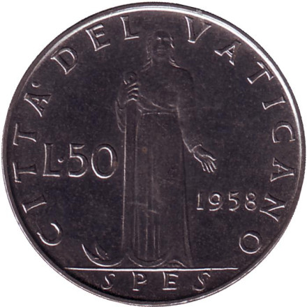 Монета 50 лир. 1958 год, Ватикан. Фигура Надежды с якорем.