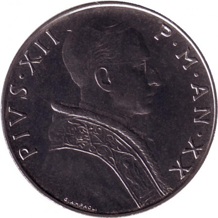 Монета 50 лир. 1958 год, Ватикан. Фигура Надежды с якорем.