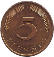 Монета 5 пфеннигов. 1993 год (J), ФРГ. Дубовые листья. Монета 5 пфеннигов. 1993 год (J), ФРГ. Дубовые листья.
