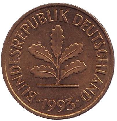 Монета 5 пфеннигов. 1993 год (J), ФРГ. Дубовые листья.