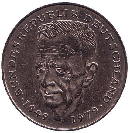 Монета 2 марки. 1992 год (G), ФРГ. Курт Шумахер.
