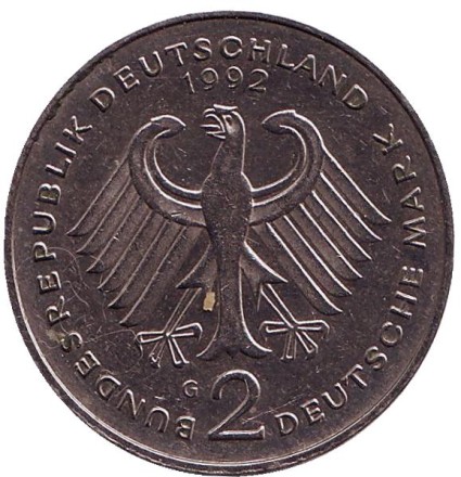 Монета 2 марки. 1992 год (G), ФРГ. Курт Шумахер.
