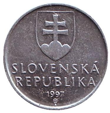 Монета 10 геллеров. 1997 год, Словакия. Деревянная колокольня. Монета 10 геллеров. 1997 год, Словакия. Деревянная колокольня.