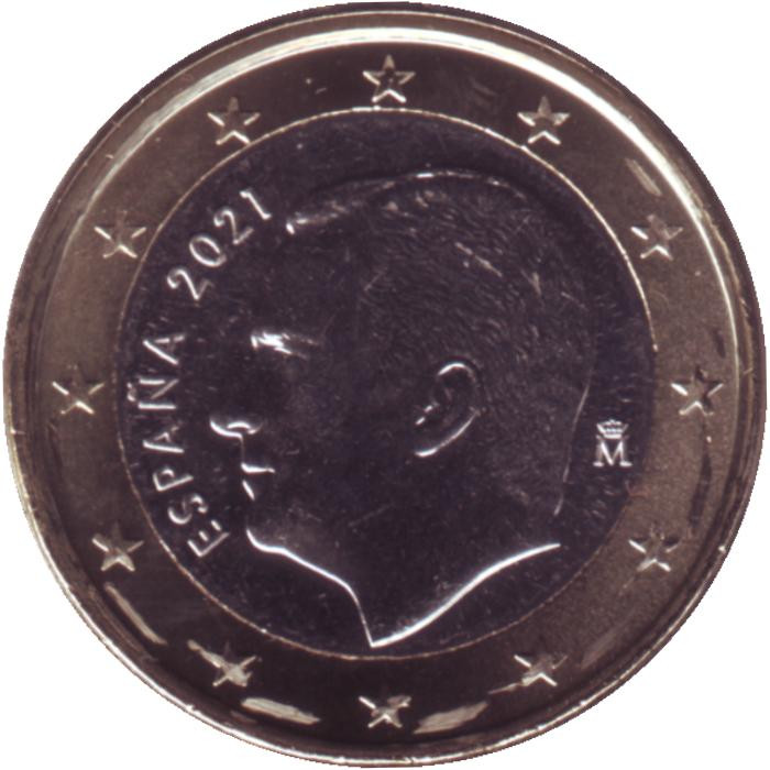 Монета 1 евро. 2021 год, Испания. Цена 180 руб.