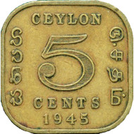 Монета 5 центов. 1945 год, Цейлон. Монета 5 центов. 1945 год, Цейлон.