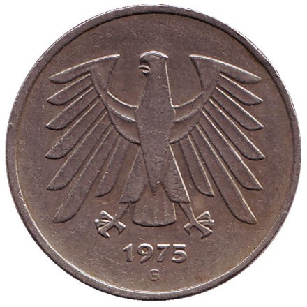 Монета 5 марок. 1975 год (G), ФРГ. Монета 5 марок. 1975 год (G), ФРГ.