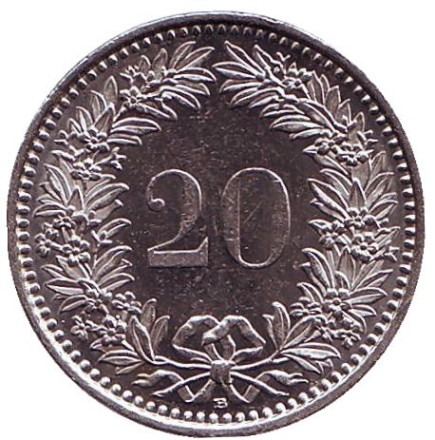 Монета 20 раппенов. 2006 год, Швейцария.