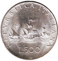 Монета 500 лир. 1966 год, Италия. Корабли Колумба. Монета 500 лир. 1966 год, Италия. Корабли Колумба.
