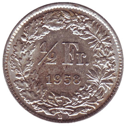 Монета 1/2 франка. 1958 год, Швейцария.