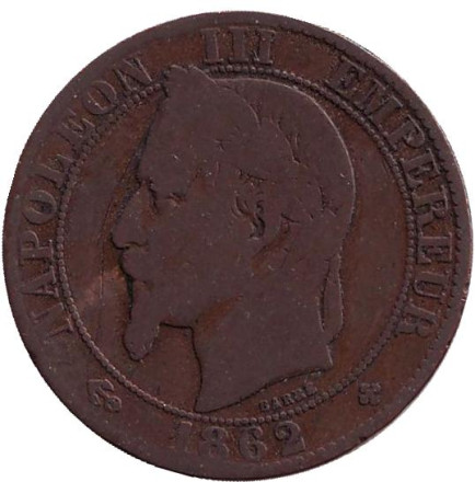 Монета 5 сантимов. 1862 год (BB), Франция. Наполеон III.