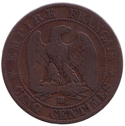 Монета 5 сантимов. 1862 год (BB), Франция. Наполеон III.
