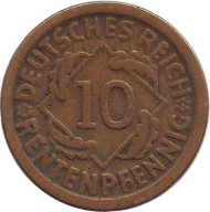 Монета 10 рентенпфеннигов. 1924 (E) год, Веймарская республика. Монета 10 рентенпфеннигов. 1924 (E) год, Веймарская республика.