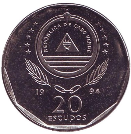 Монета 20 эскудо. 1994 год, Кабо-Верде. Кермек (лимонник) Брауна. UNC.