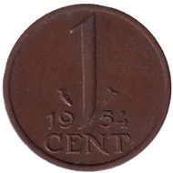 Монета 1 цент. 1954 год, Нидерланды. Монета 1 цент. 1954 год, Нидерланды.