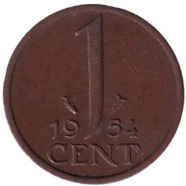 Монета 1 цент. 1954 год, Нидерланды.
