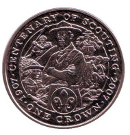 Монета 1 крона. 2007 год, Остров Мэн. 100 лет скаутскому движению. Монета 1 крона. 2007 год, Остров Мэн. 100 лет скаутскому движению.