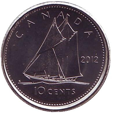 Монета 10 центов. 2012 год, Канада. Парусник.