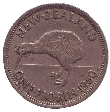 Монета 1 флорин. 1950 год, Новая Зеландия. Киви (птица).