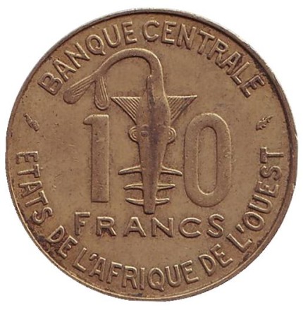 Монета 10 франков. 1989 год, Западные Африканские Штаты. Монета 10 франков. 1989 год, Западные Африканские Штаты.