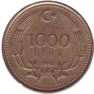 Монета 1000 лир. 1993 год, Турция. Монета 1000 лир. 1993 год, Турция.