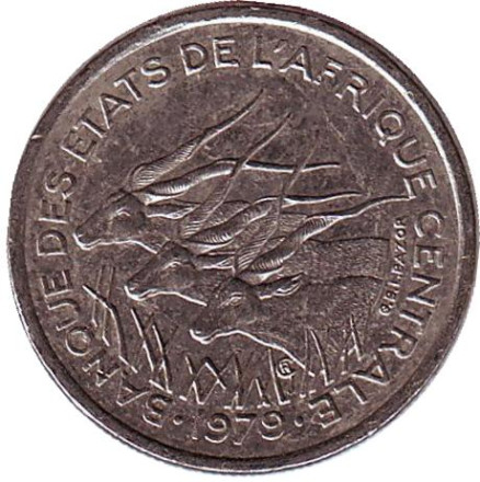 Монета 50 франков. 1979 год (E), Центральные Африканские штаты. Африканские антилопы. (Западные канны).