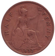 Монета 1/2 пенни. 1933 год, Великобритания. Монета 1/2 пенни. 1933 год, Великобритания.