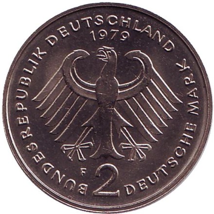Монета 2 марки. 1979 год (F), ФРГ. Курт Шумахер. Монета 2 марки. 1979 год (F), ФРГ. Курт Шумахер.