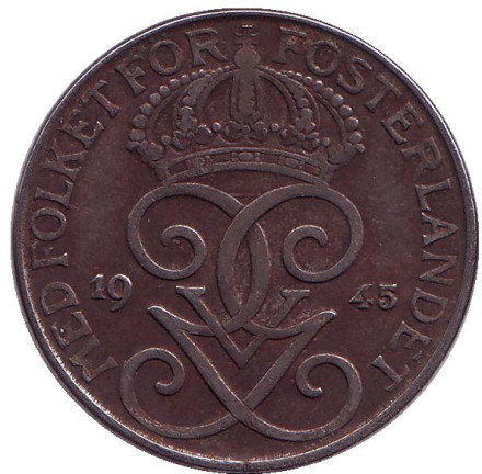 Монета 5 эре. 1945 год, Швеция.