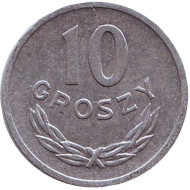 Монета 10 грошей. 1972 год, Польша. Монета 10 грошей. 1972 год, Польша.