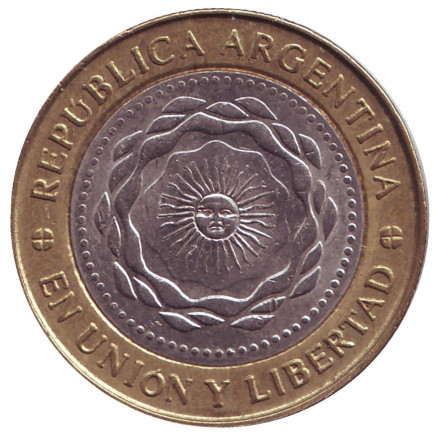 Монета 2 песо. 2011 год, Аргентина. Монета 2 песо. 2011 год, Аргентина.