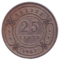 Монета 25 центов. 1987 год, Белиз. Монета 25 центов. 1987 год, Белиз.