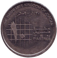 Монета 10 пиастров. 2009 год, Иордания. Монета 10 пиастров. 2009 год, Иордания.