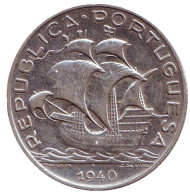 Монета 5 эскудо. 1940 год, Португалия. Парусный корабль. Монета 5 эскудо. 1940 год, Португалия. Парусный корабль.