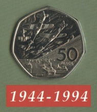 Монета 50 пенсов. 1994 год, Великобритания. 50 лет Открытия второго фронта. В открытке. Монета 50 пенсов. 1994 год, Великобритания. 50 лет Открытия второго фронта. В открытке.
