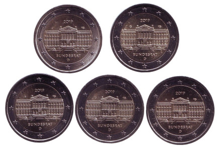70 лет Бундесрату. Набор из 5 монет разных монетных дворов. 2 евро. 2019 год, Германия.