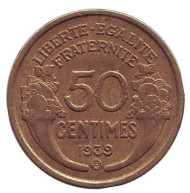 Монета 50 сантимов. 1939 год, Франция. (Отметка: "B" - Брюссель) Монета 50 сантимов. 1939 год, Франция. (Отметка: "B" - Брюссель)