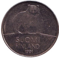 Монета 50 пенни. 1991 год, Финляндия. Медведь. Монета 50 пенни. 1991 год, Финляндия. Медведь.