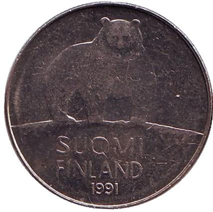 Монета 50 пенни. 1991 год, Финляндия. Медведь.