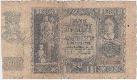 Банкнота 20 злотых. 1940 год, Польша. P-95(1).