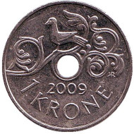 Монета 1 крона. 2009 год, Норвегия. Птица на виноградной лозе. Монета 1 крона. 2009 год, Норвегия. Птица на виноградной лозе.