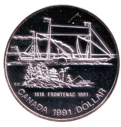 Монета 1 доллар. 1991 год, Канада. BU. 175 лет пароходу "Фронтенак".