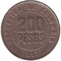 Монета 200 песо. 1997 год, Колумбия. 