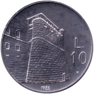 Монета 10 лир. 1988 год, Сан-Марино. Фортификация. Театральный бастион. Монета 10 лир. 1988 год, Сан-Марино. Фортификация. Театральный бастион.